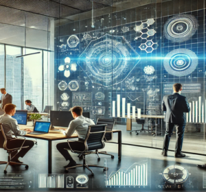 Scène de travail collaboratif dans un bureau moderne, avec des écrans numériques affichant des données analytiques et graphiques futuristes, symbolisant l'innovation et la technologie.