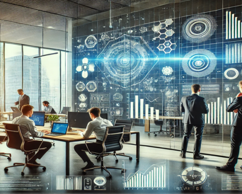 Scène de travail collaboratif dans un bureau moderne, avec des écrans numériques affichant des données analytiques et graphiques futuristes, symbolisant l'innovation et la technologie.
